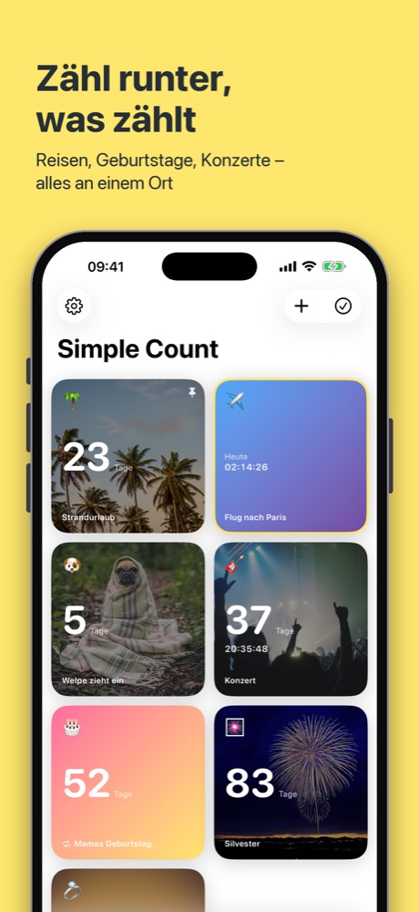 Countdown-Karten in Simple Count: Strandurlaub in 23 Tagen, Flug nach Paris mit Live-Timer, Konzert, Mamas Geburtstag, Silvester