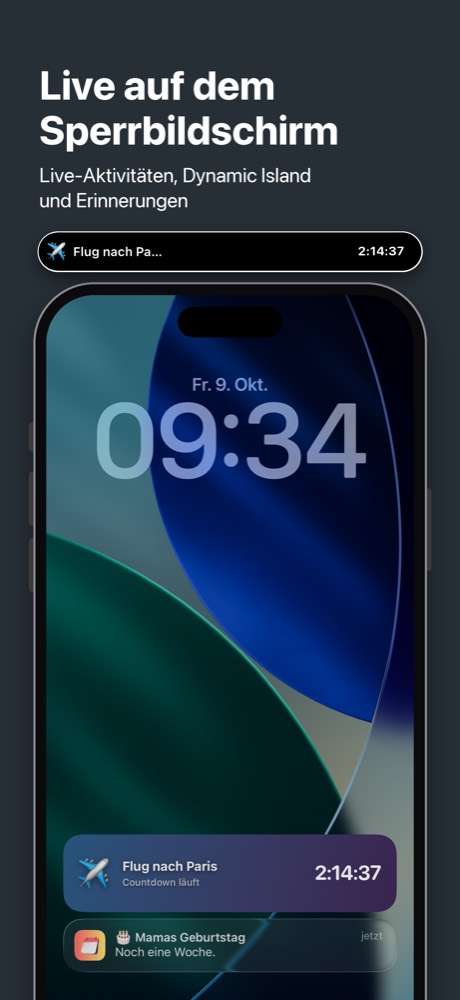 Eine Countdown-Live-Aktivität auf dem Sperrbildschirm und in der Dynamic Island