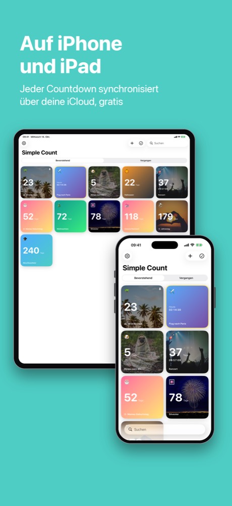 Dieselben Countdowns auf iPad und iPhone, synchronisiert über iCloud
