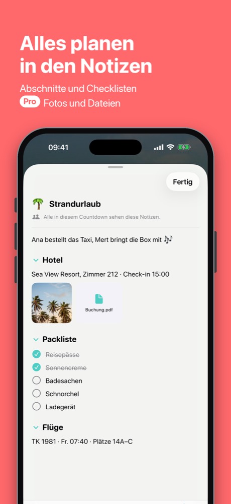 Notizen zu einem Countdown mit Abschnitten, Packliste, Foto und Buchungs-PDF