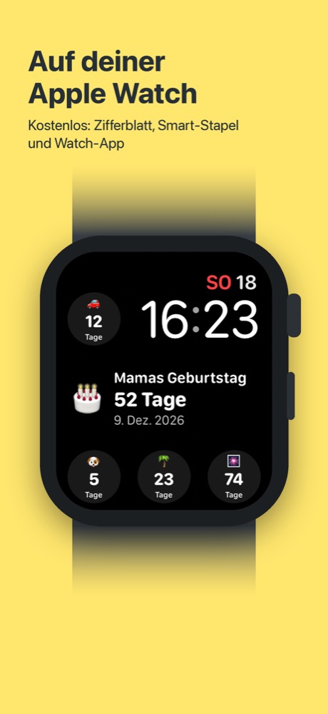 Simple Count auf einem Apple Watch-Zifferblatt: Mamas Geburtstag in 52 Tagen in der Mitte, weitere Countdowns rund um die Uhrzeit