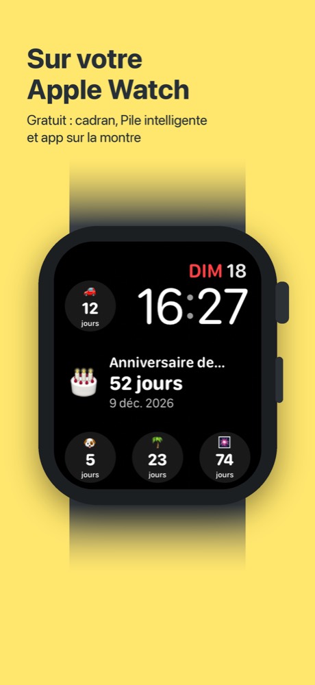 Simple Count sur un cadran d’Apple Watch : l’anniversaire de maman dans 52 jours au centre, d’autres comptes à rebours autour de l’heure