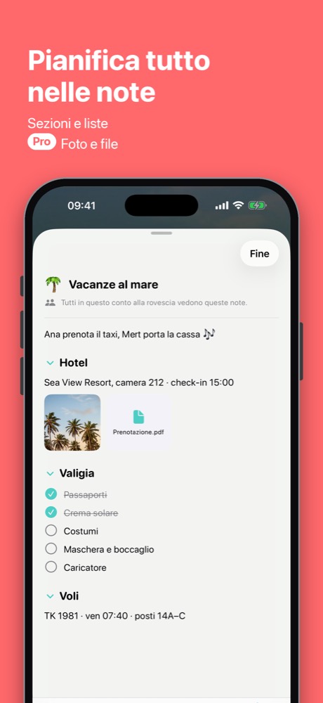 Note di un conto alla rovescia con sezioni, lista per la valigia, foto e PDF della prenotazione