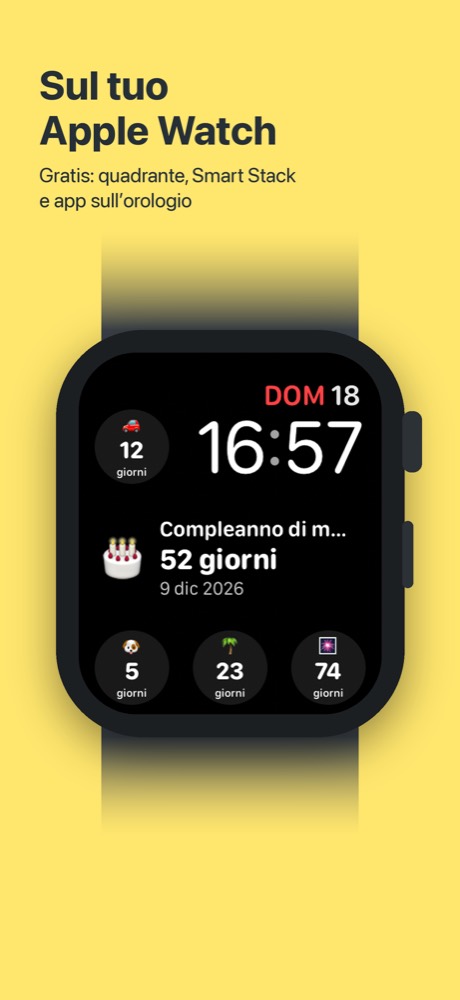 Simple Count su un quadrante di Apple Watch: il compleanno della mamma tra 52 giorni al centro, altri conti alla rovescia intorno all’ora