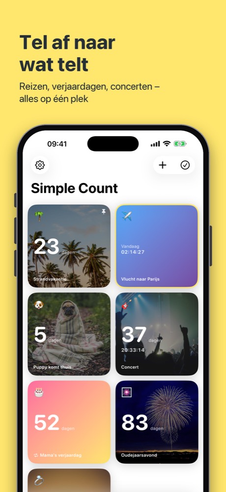 Aftellerkaarten in Simple Count: strandvakantie over 23 dagen, vlucht naar Parijs met live timer, concert, verjaardag van mama, oudejaarsavond