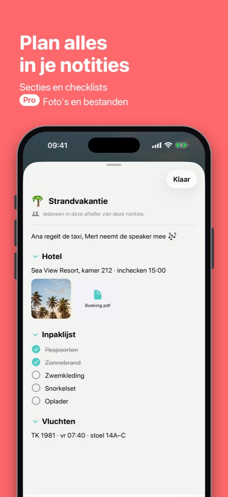 Notities bij een afteller met secties, een paklijst, een foto en een boekings-pdf