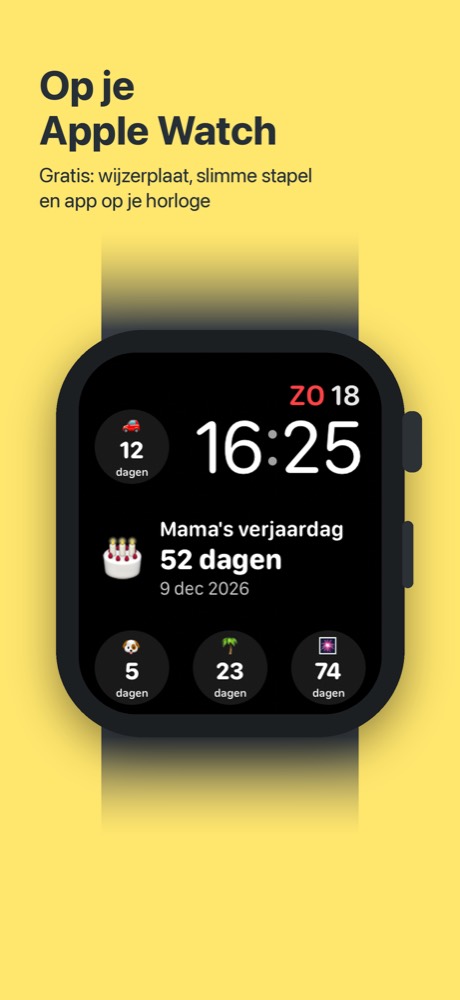 Simple Count op een Apple Watch-wijzerplaat: verjaardag van mama over 52 dagen in het midden, meer aftellers rond de klok