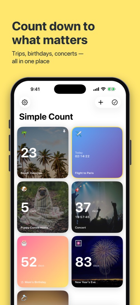 A grid of countdown cards in Simple Count, including New Year's Eve