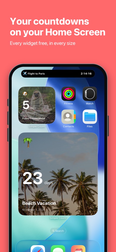 Countdown widgets on an iPhone Home Screen, a small one and a large one with a photo