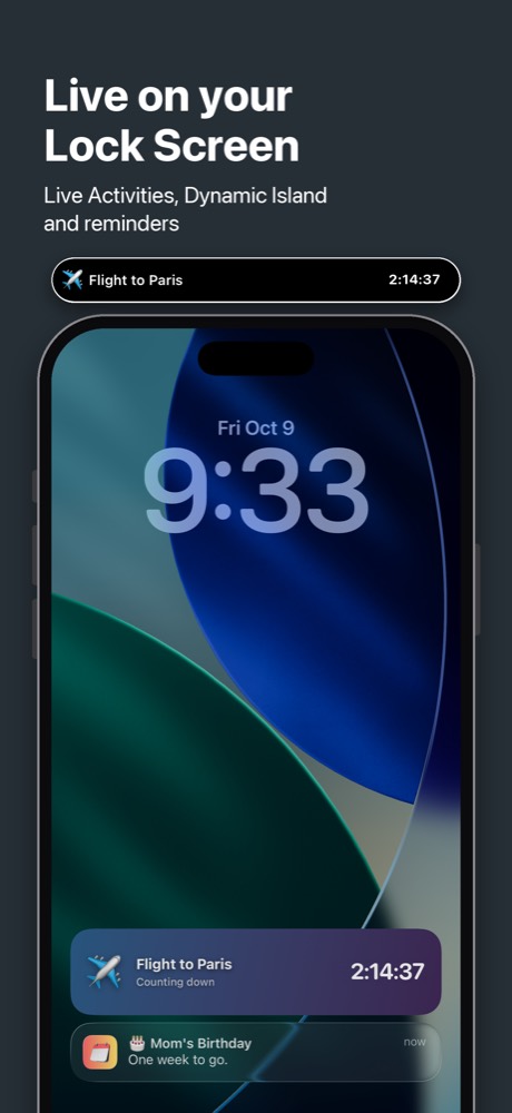 A flight countdown Live Activity on the Lock Screen and in the Dynamic Island