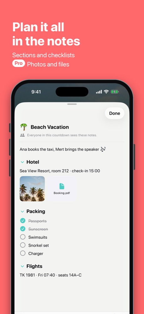 A countdown's notes with sections, a checklist, a photo and a booking file