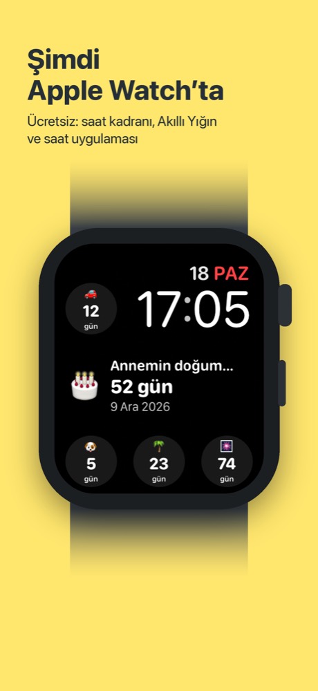 Apple Watch saat kadranında Simple Count: ortada 52 gün sonra annemin doğum günü, saatin çevresinde diğer geri sayımlar