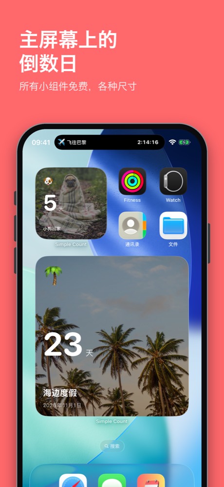 iPhone 主屏幕上的倒计时小组件，有小尺寸和带照片的大尺寸